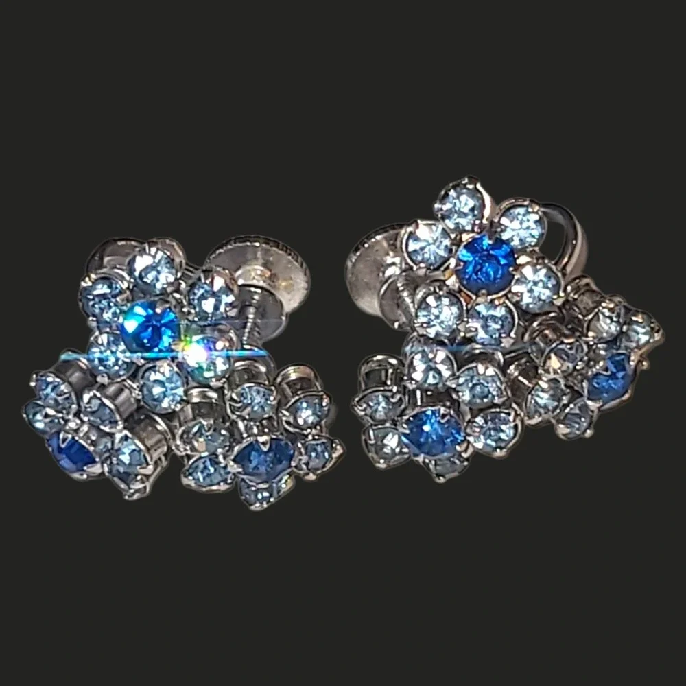 Vintage Coro Signed Blue Rhinestone Flower Screw‎ Back Earrings Riveted